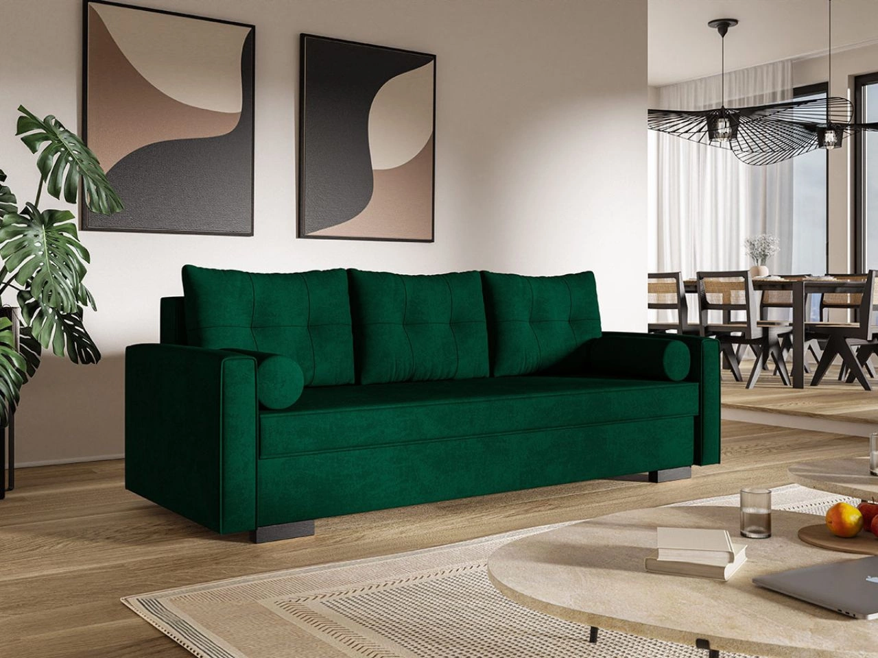 Kanapa z funkcją spania i pojemnikiem na pościel Pori zielona