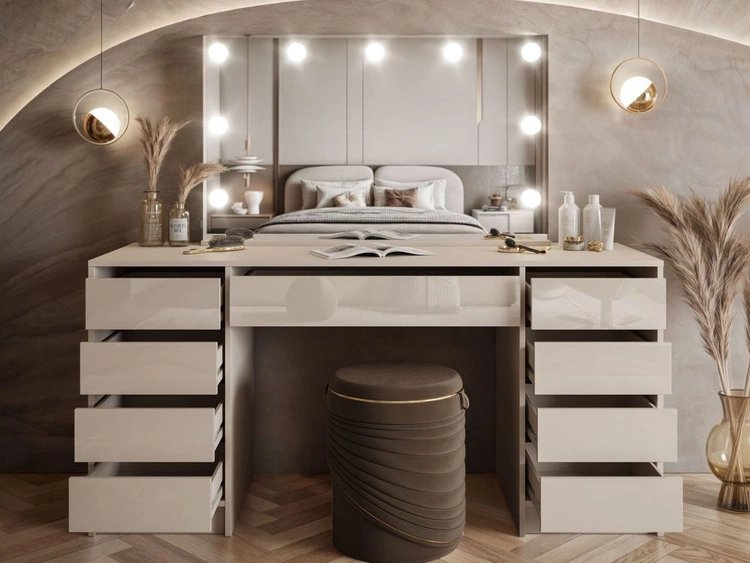 Toaletka szeroka z lustrem, szufladami i oświetleniem LED Melo Elite kaszmir połysk