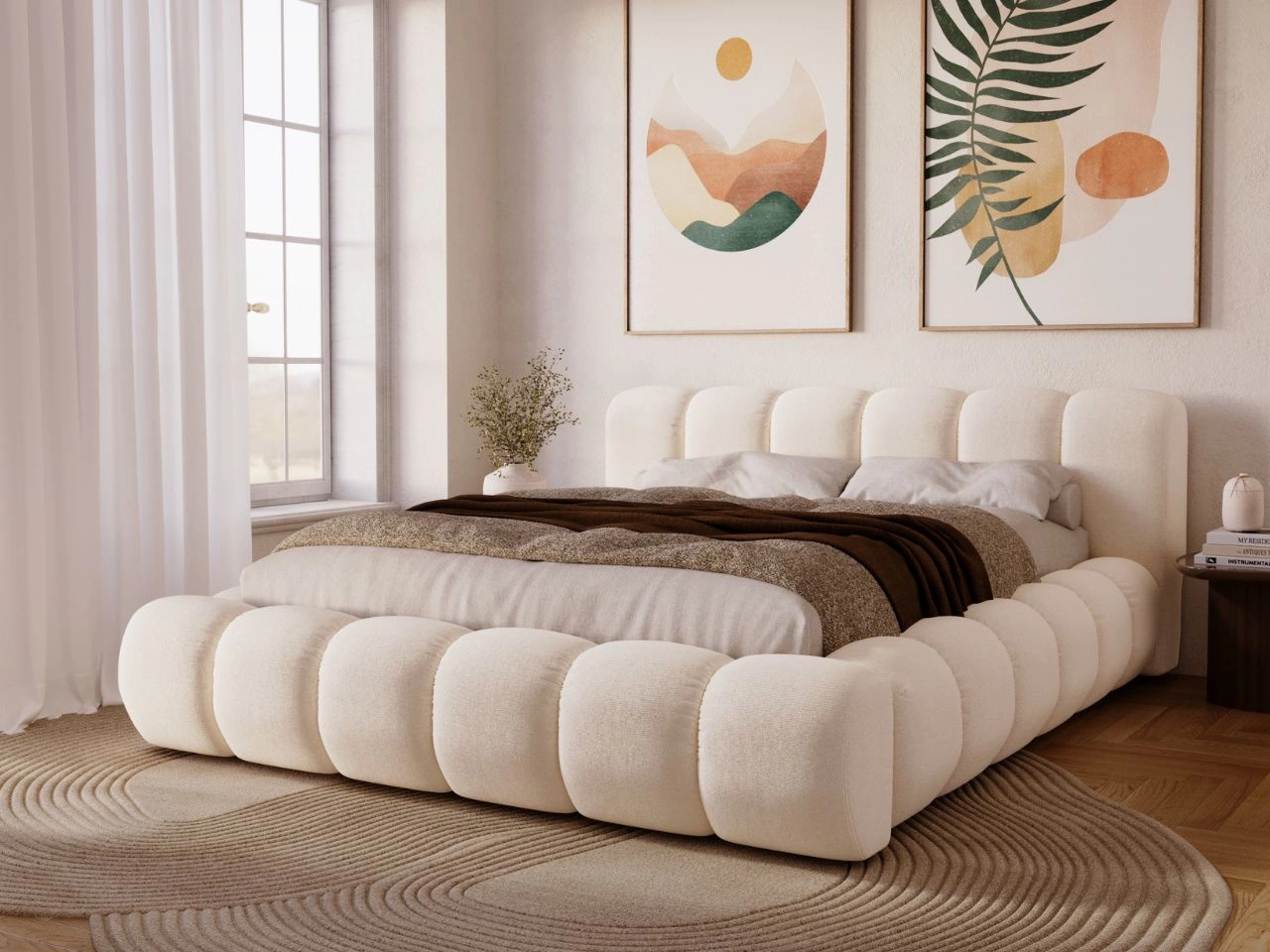 Łóżko tapicerowane z pojemnikiem na pościel 180x200 Doria Kremowe