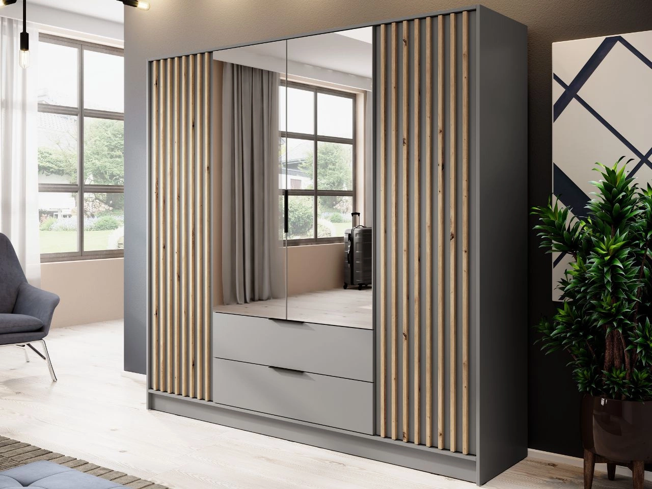 Szafa czterodrzwiowa z drzwiami uchylnymi 206 cm Macron Szara z lustrem i lamelami