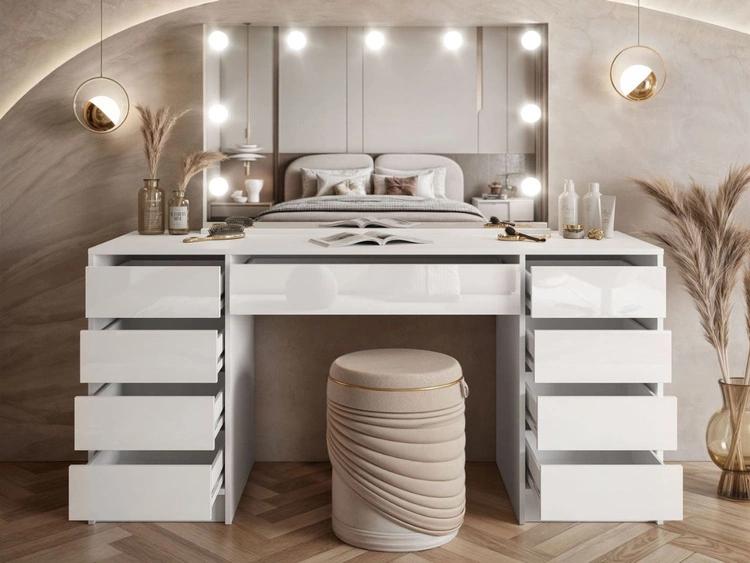 Toaletka szeroka z lustrem, szufladami i oświetleniem LED Melo Elite biały połysk