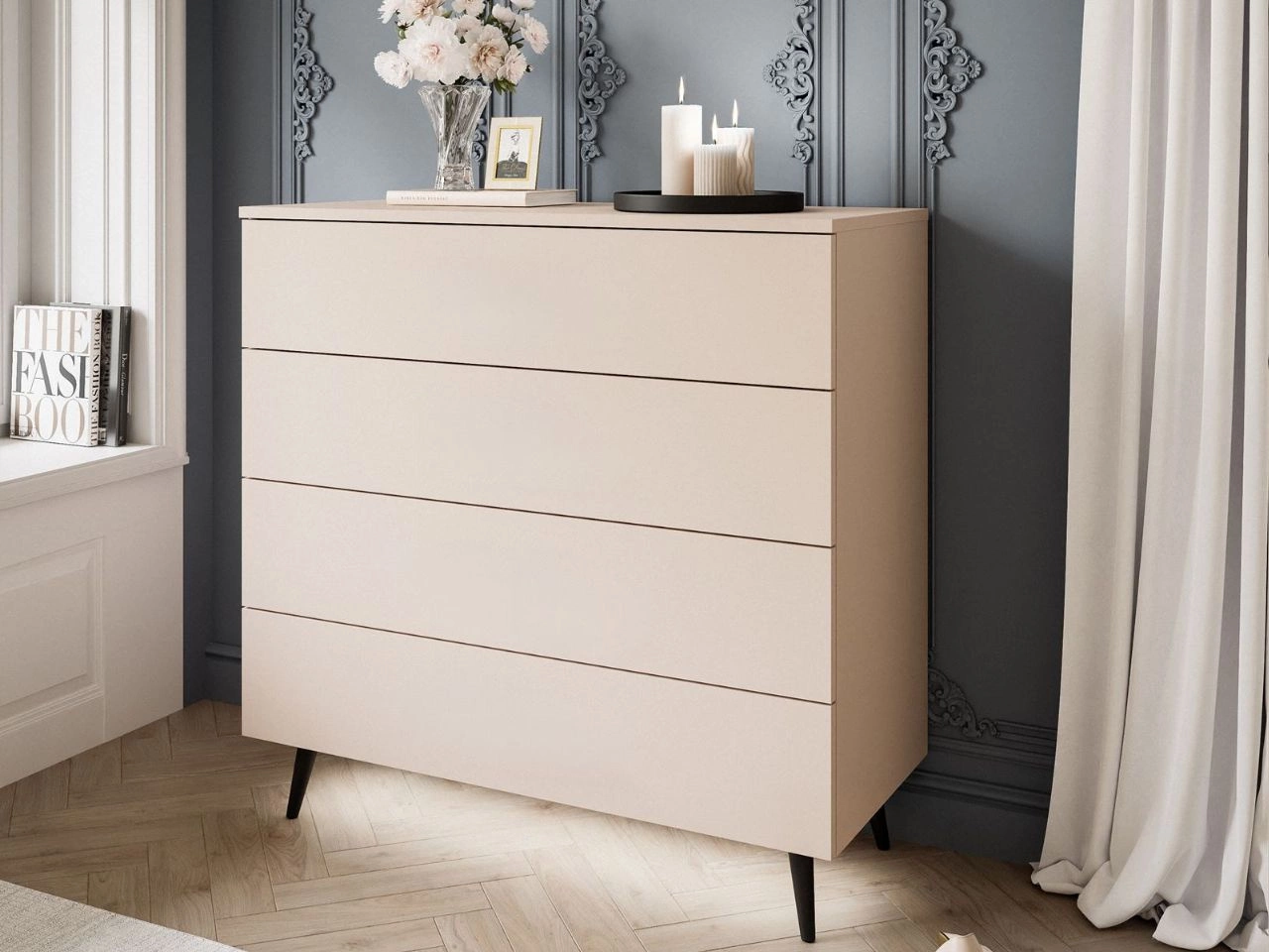 Komoda z szufladami i oświetleniem LED na czarnych nogach Nuveo Kaszmir