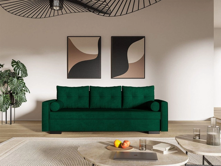 Kanapa z funkcją spania i pojemnikiem na pościel Pori zielona