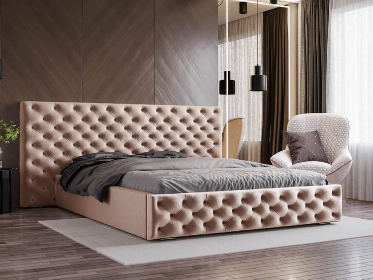 Łóżko chesterfield z szerokim zagłowiem 140x200 Madera Beżowy