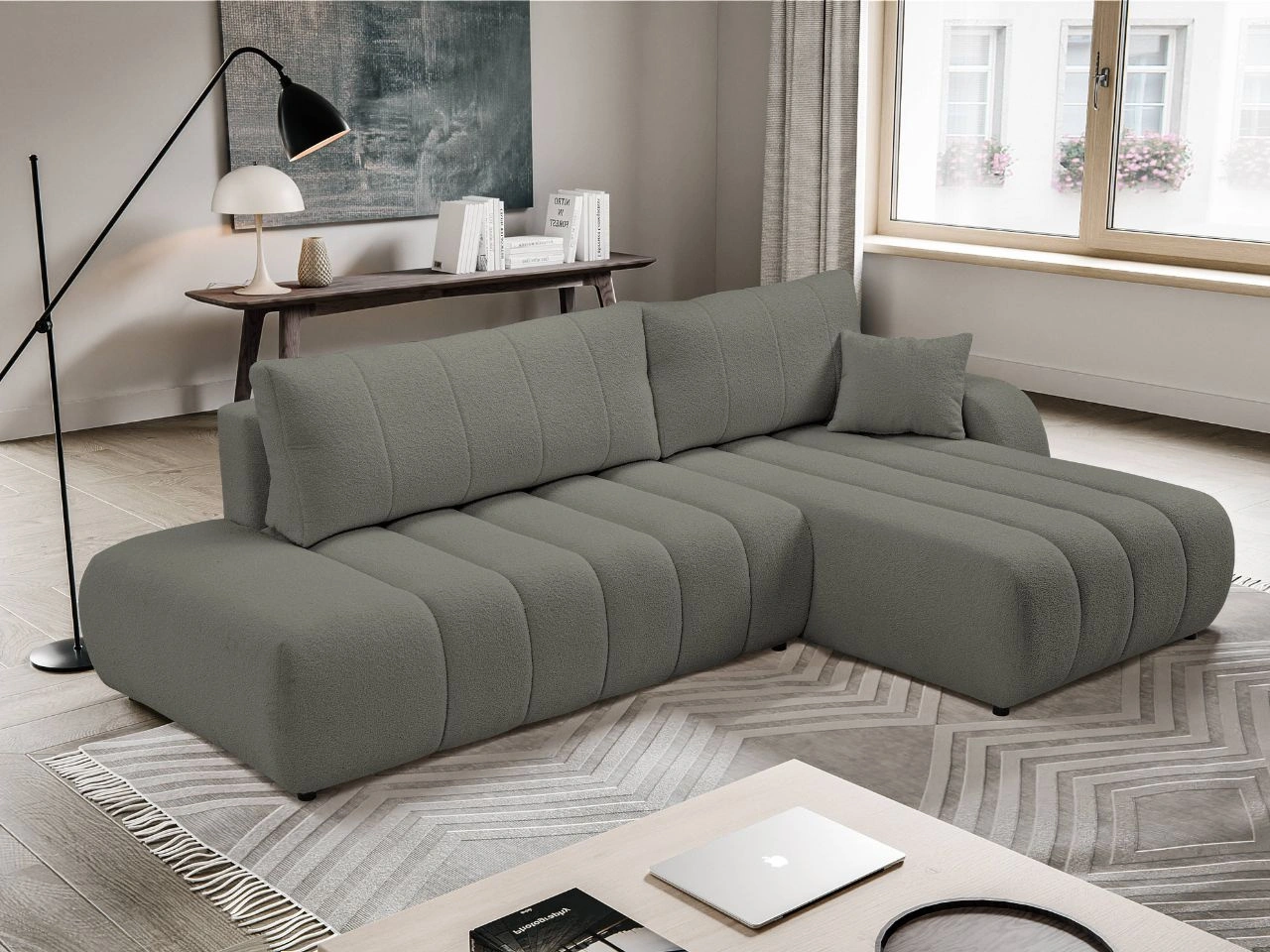 Narożnik z pojemnikiem i funkcją spania Prawy Adoro Szary