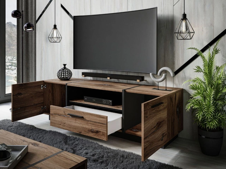 Szafka RTV w stylu loft z szafkami i szufladą Lunelie dąb Flagstaff