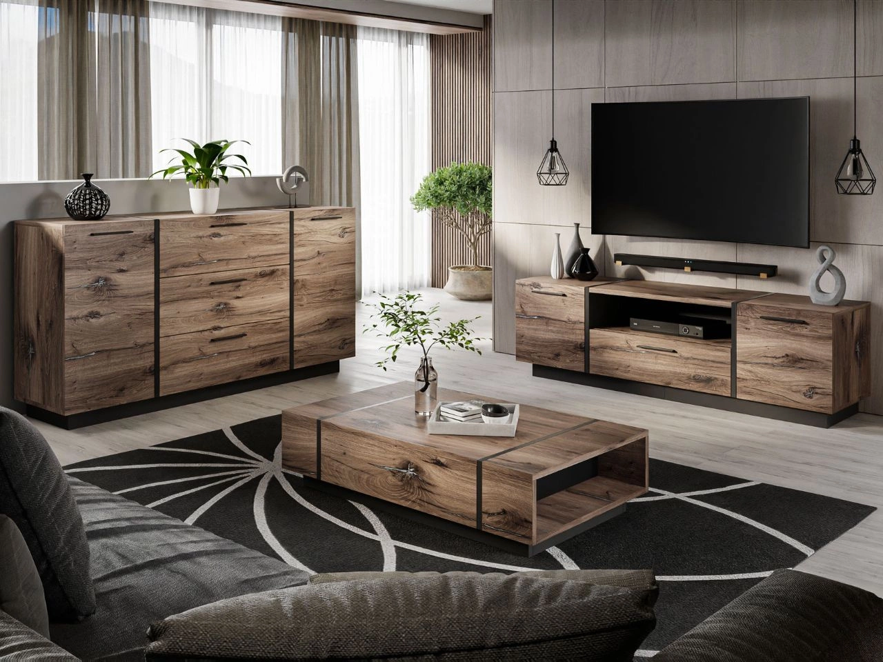 Zestaw mebli do salonu w stylu loftowym Lunelie Dąb Flagstaff