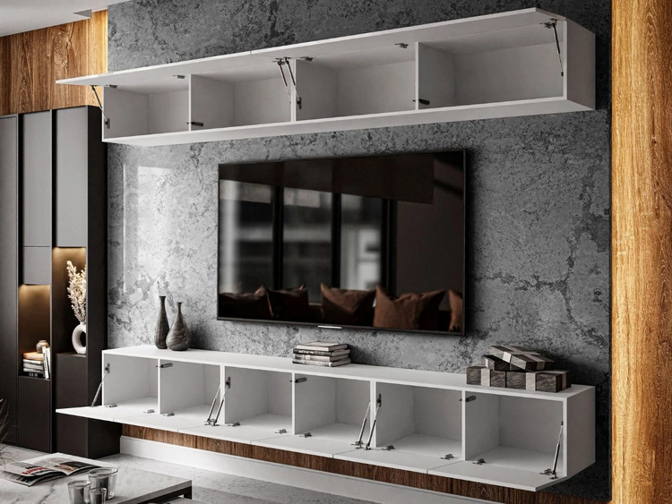 Wisząca meblościanka do salonu z oświetleniem LED Nodoo Biały połysk