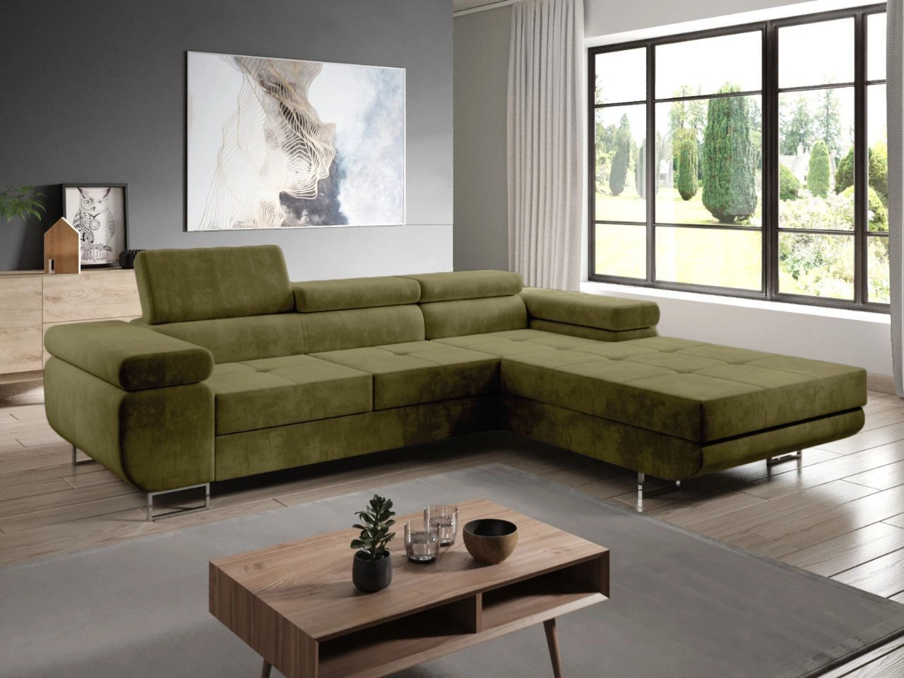 Narożnik L prawy z funkcją spania i pojemnikiem Solam Ciemny zielony