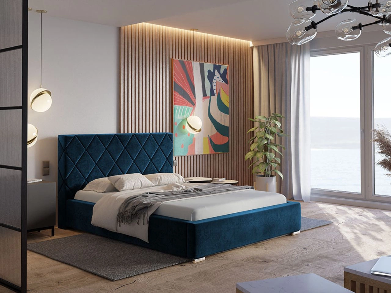 Łóżko tapicerowane z pojemnikiem i stelażem 180x200 Taranto Ciemnoniebieskie