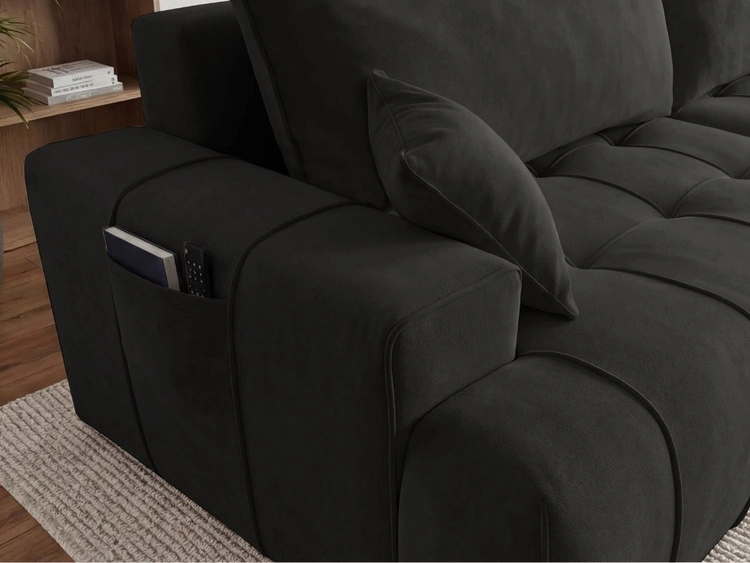 Narożnik L z funkcją spania i pojemnikiem Tulio prawy czarny