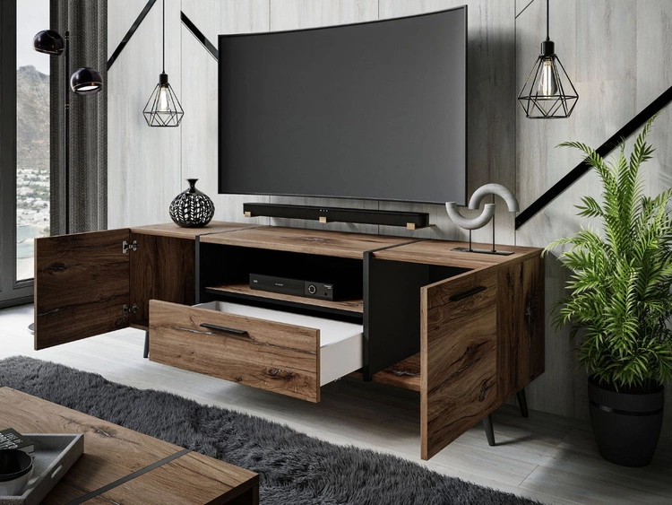 Szafka RTV w stylu loft dwudrzwiowa z szufladą Lunelie dąb Flagstaff