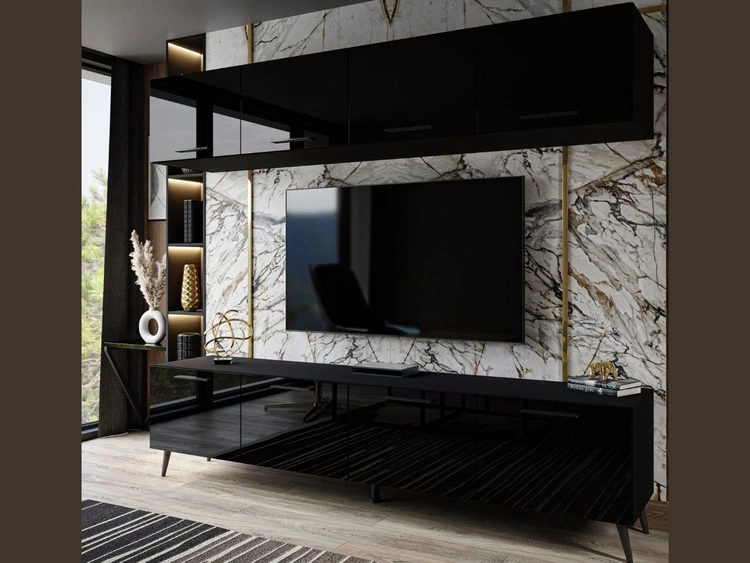 Meblościanka do salonu na czarnych nogach Noaé Czarny połysk