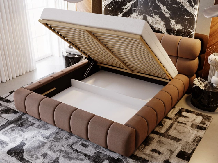 Łóżko tapicerowane z pojemnikiem i stelażem 140x200 Mellow Brązowy