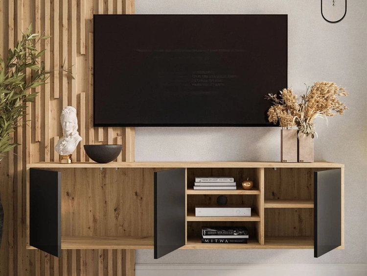Szafka RTV pod telewizor wisząca z drzwiczkami Vivance Czarny i dąb artisan