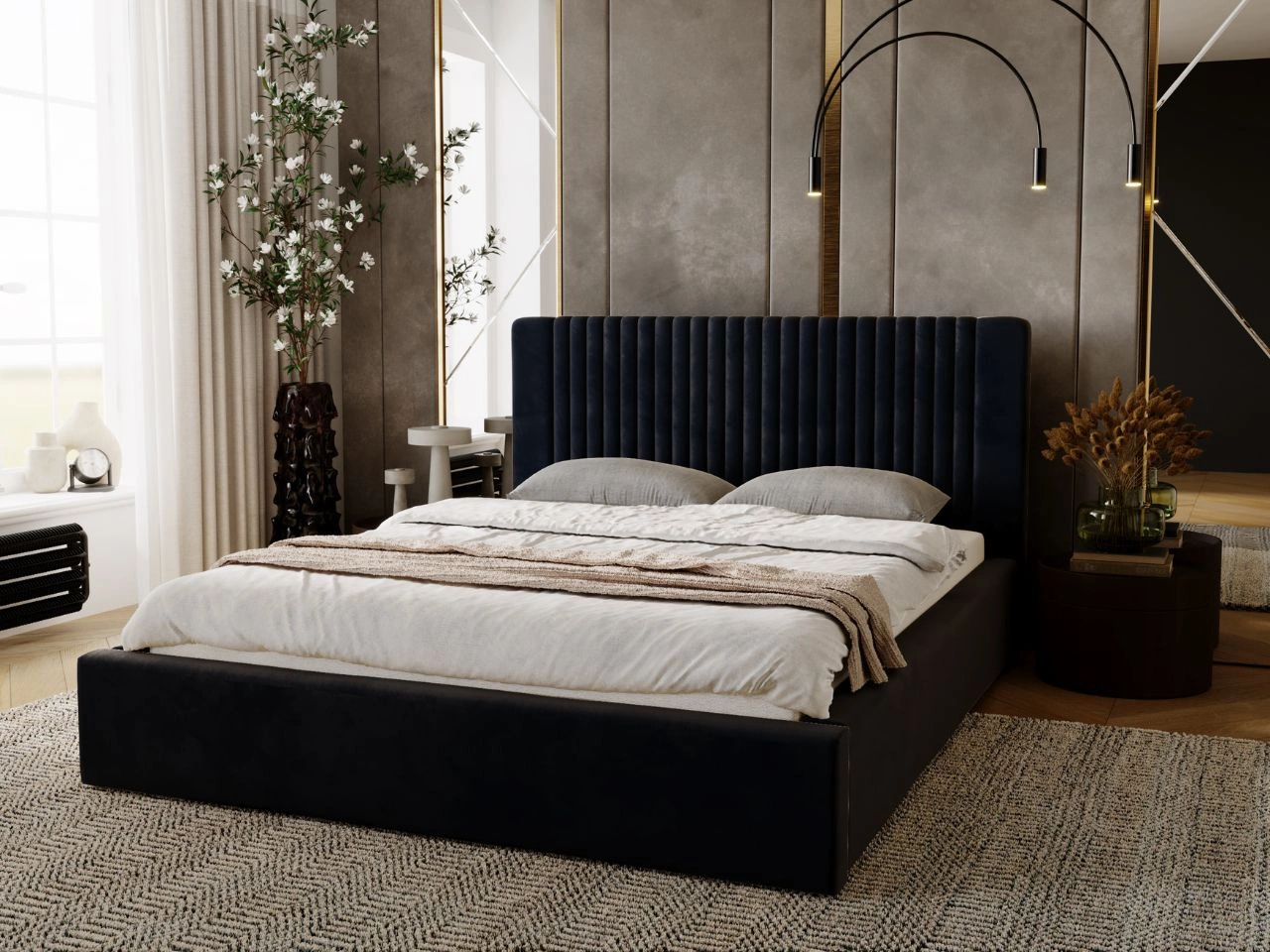 Łóżko tapicerowane z pojemnikiem i stelażem 160x200 Malmo Ciemny niebieski