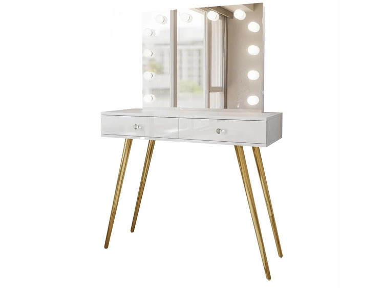 Toaletka kosmetyczna w stylu glamour z szufladami z kryształowymi uchwytami i oświetleniem LED Olivine Elite biały połysk