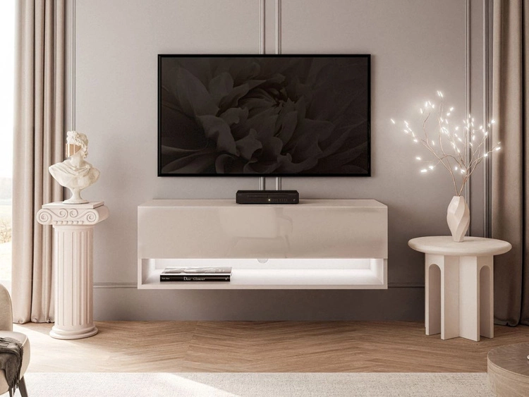 Szafka RTV wisząca 90 cm do salonu z oświetleniem LED Aurelie Kaszmir połysk