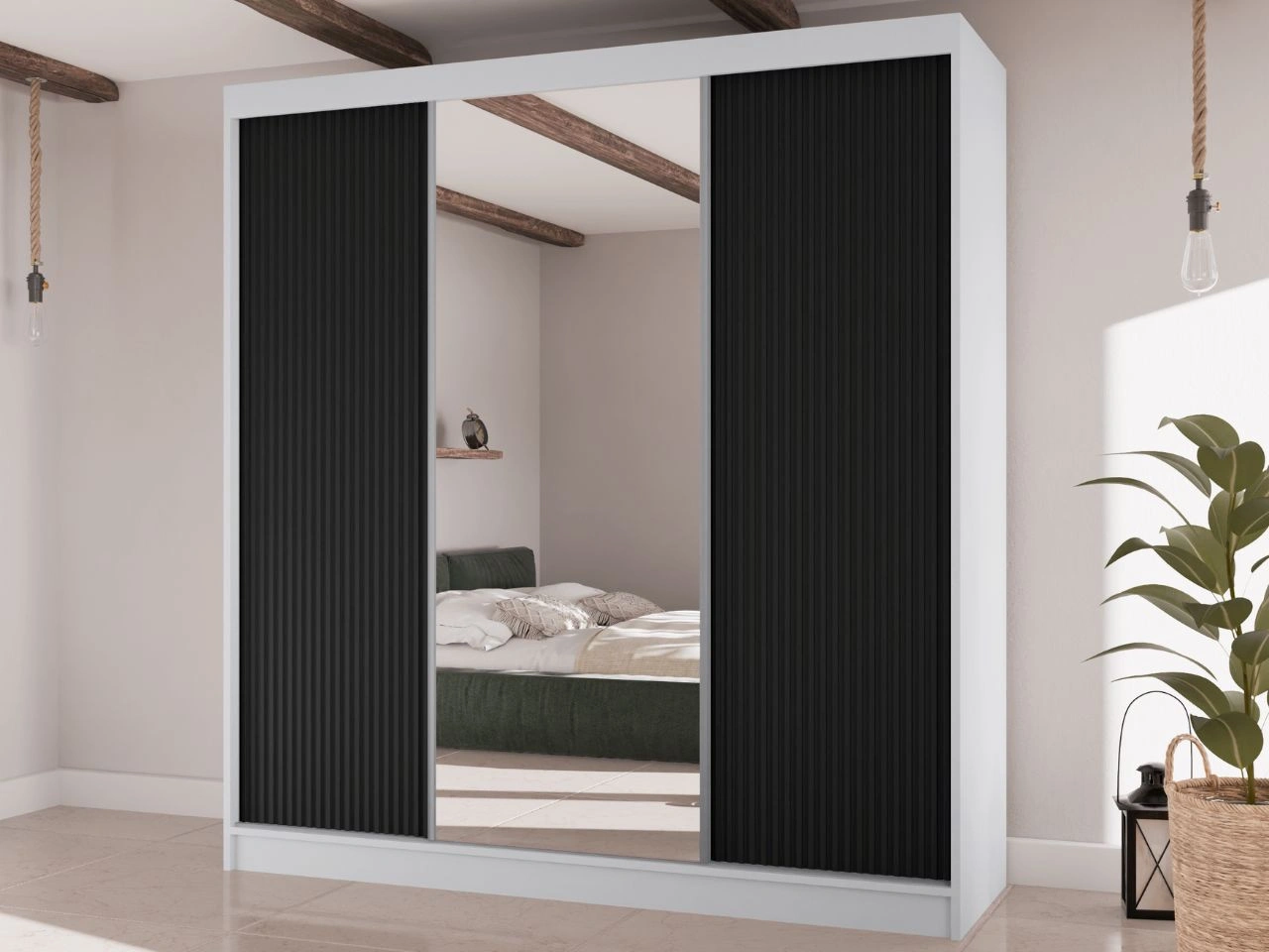 Szafa przesuwna z ryflowanym frontem i lustrem 200 cm Rivas Biała, Czarna