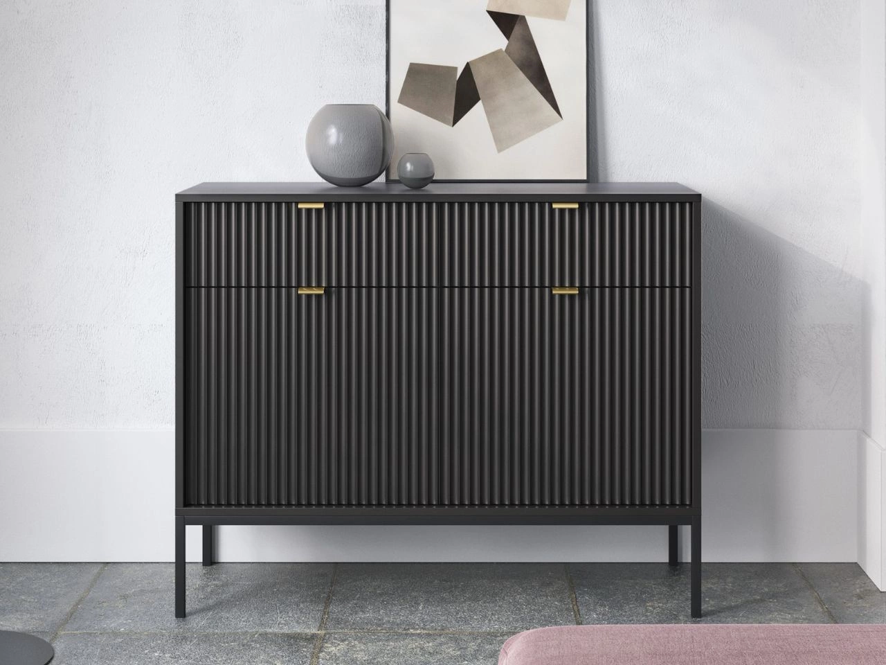 Komoda z drzwiami i szufladami Amber czarna na czarnych nogach