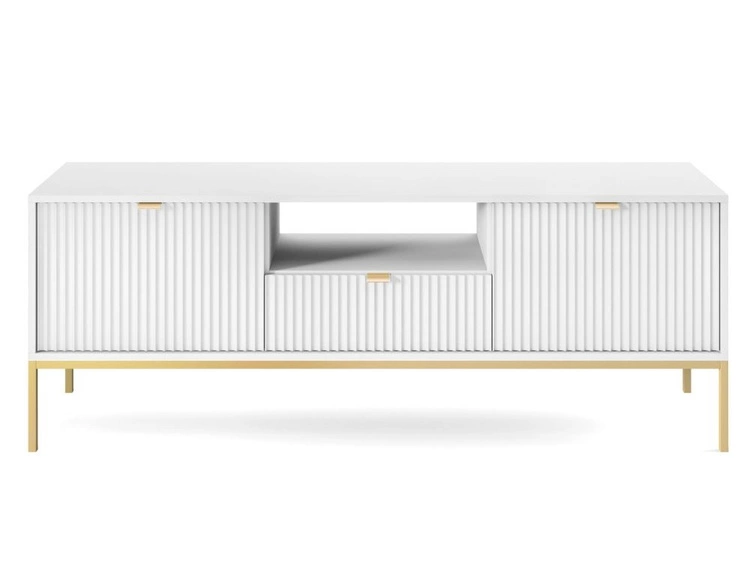 Szafka pod telewizor z szufladami i drzwiczkami Amber biała na złotych nogach