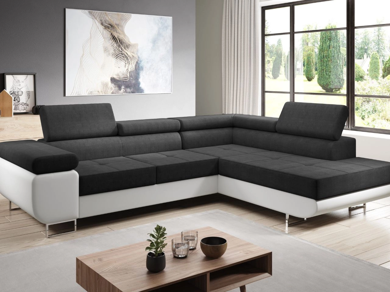 Narożnik prawy z funkcją spania i pojemnikiem Solam L Czarny, Biały