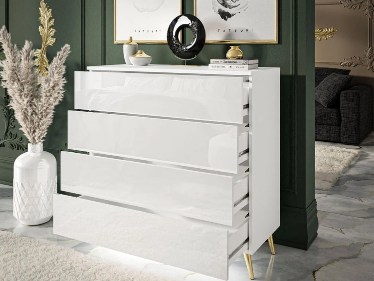 Komoda z czterema szufladami i oświetleniem LED na złotych nóżkach Nuveo Biały połysk