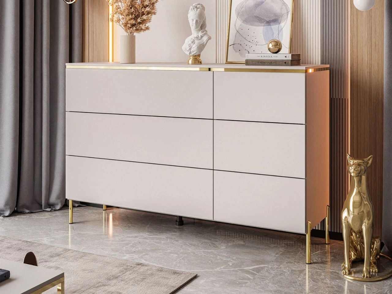 Komoda glamour z sześcioma szufladami na złotych nogach Evare Kaszmir