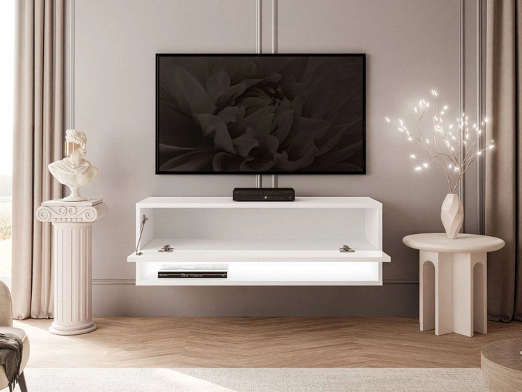 Szafka RTV wisząca 90 cm do salonu z oświetleniem LED Aurelie Biały połysk