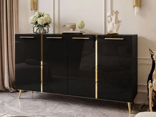 Czterodrzwiowa komoda 158 cm w stylu glamour ze złotymi uchwytami i nogami Lunelie czarny połysk