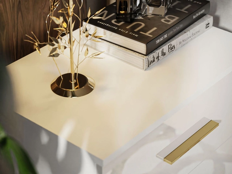 Stolik nocny z szufladami na złotych nogach Nuveo Biały połysk