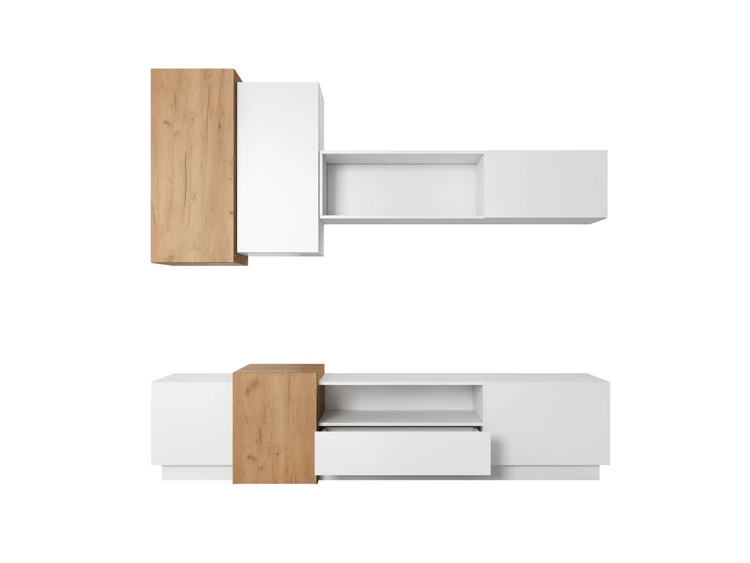 Meblościanka do salonu Morten Biała, Dąb Craft Złoty