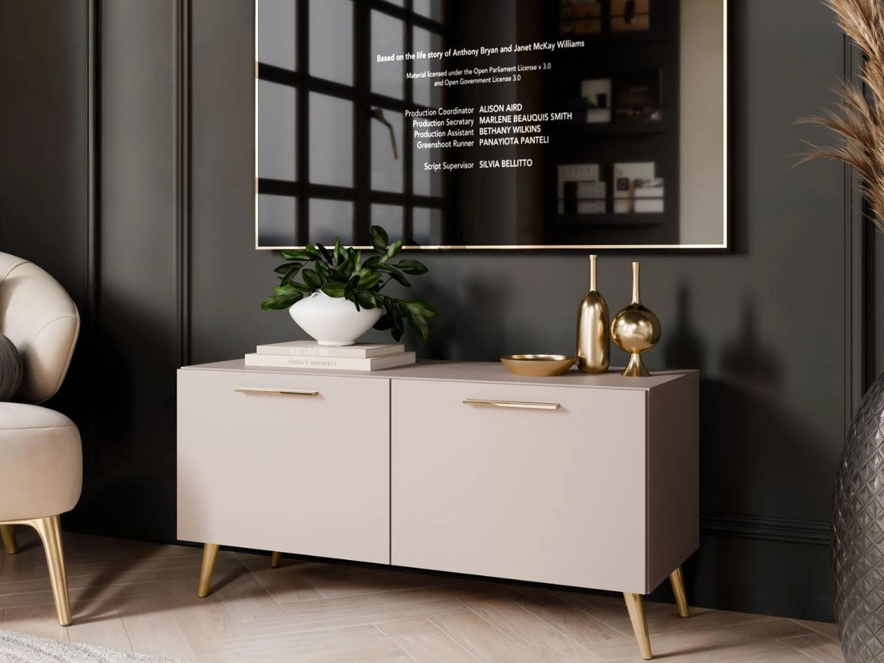 Szafka RTV pod telewizor z drzwiczkami na złotych nóżkach 100 cm Noaé Kaszmir