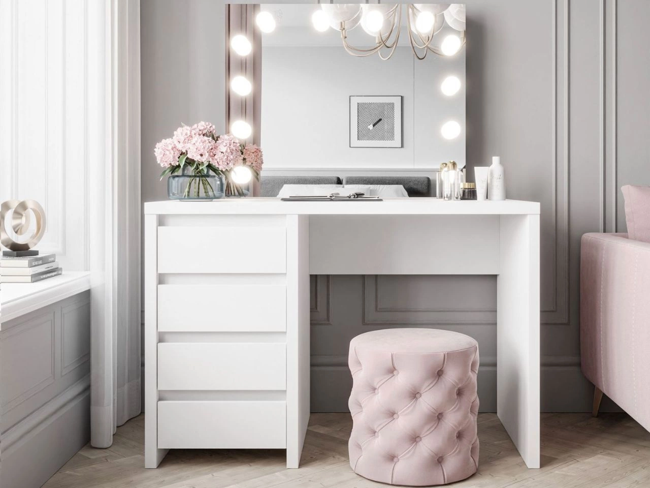 Toaletka z lustrem, szufladami i oświetleniem LED Nesso biały mat