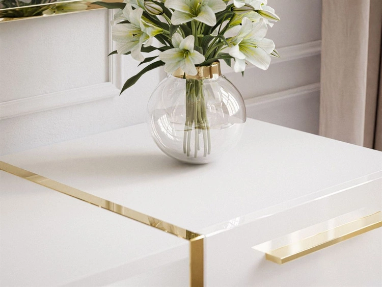 Szafka RTV w stylu glamour dwudrzwiowa z szufladą Lunelie biały połysk