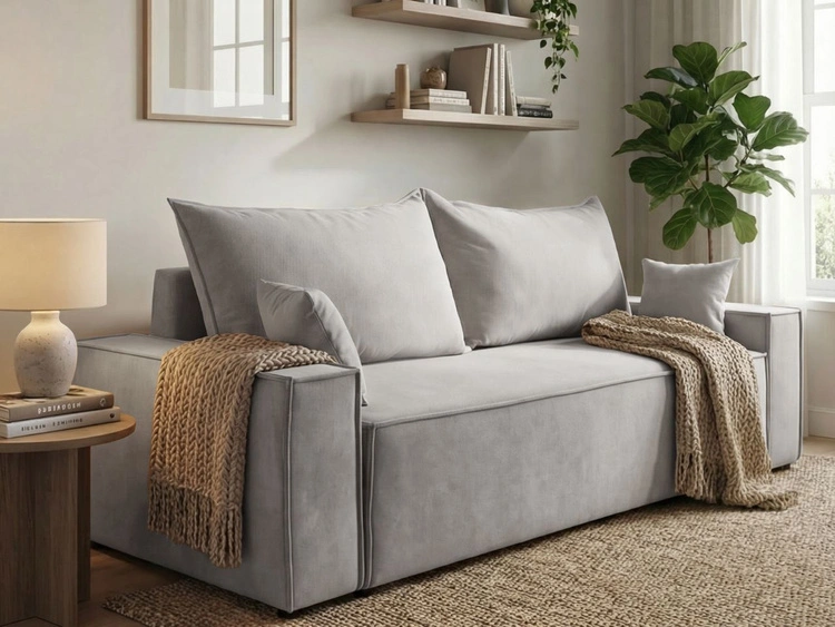 Kanapa z funkcją spania i pojemnikiem na pościel Sivra Jasnoszara