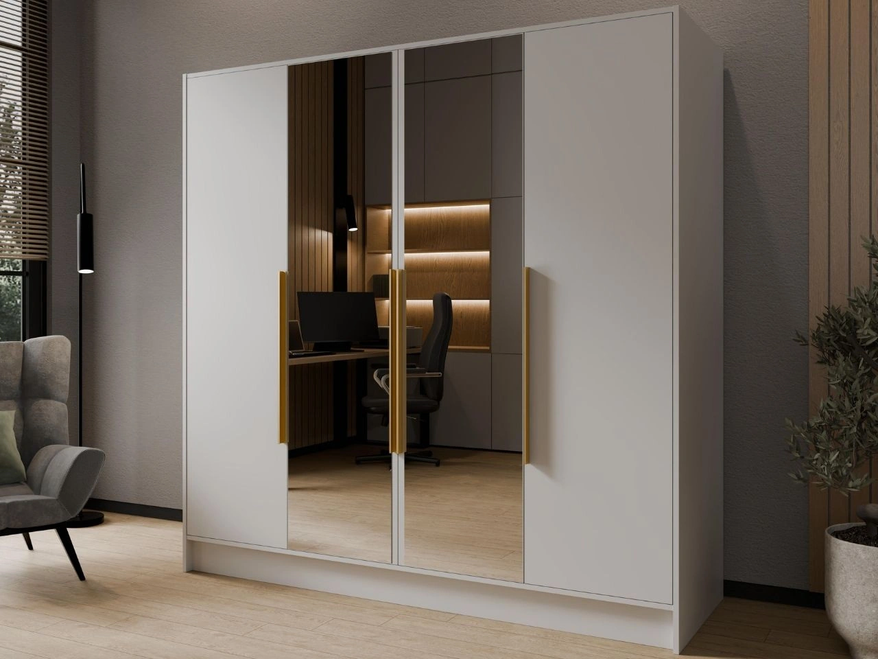 Szafa otwierana z lustrem 200 cm Lucca Biała z złotymi uchwytami