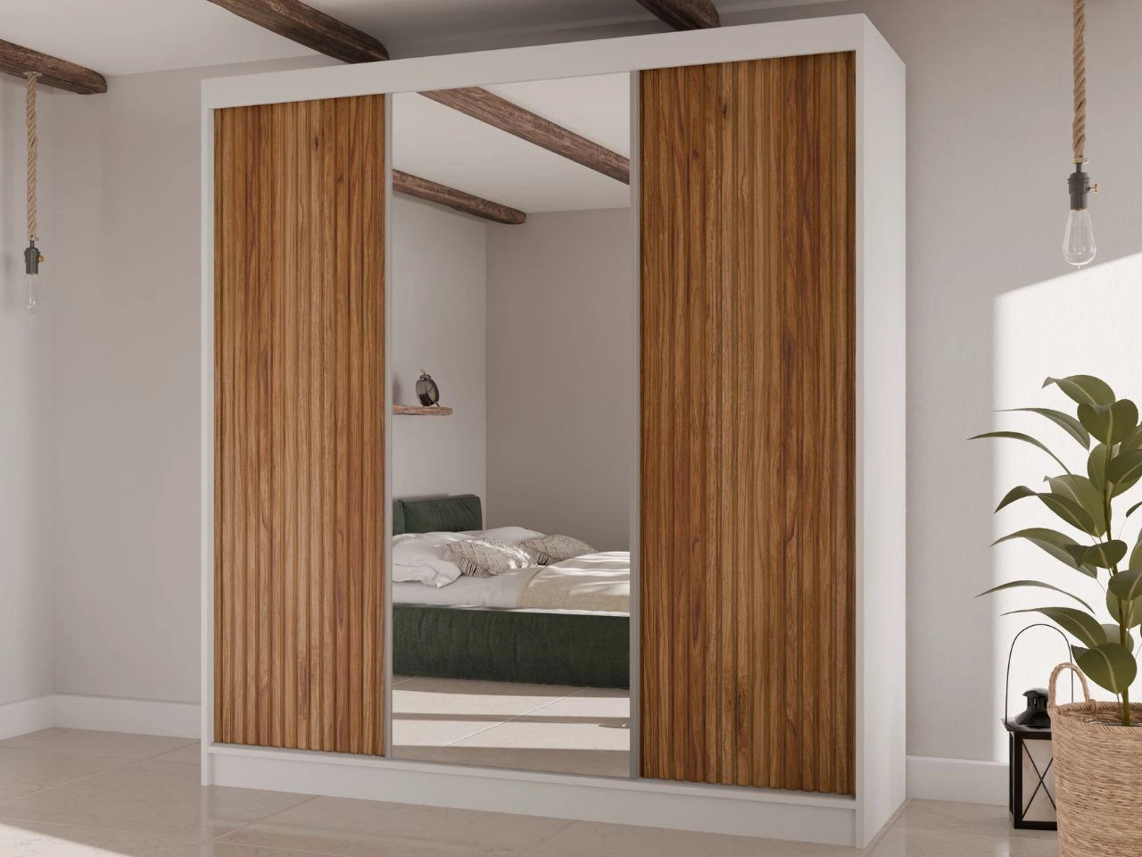 Szafa przesuwna z ryflowanym frontem i lustrem 200 cm Rivas Biała, Catania