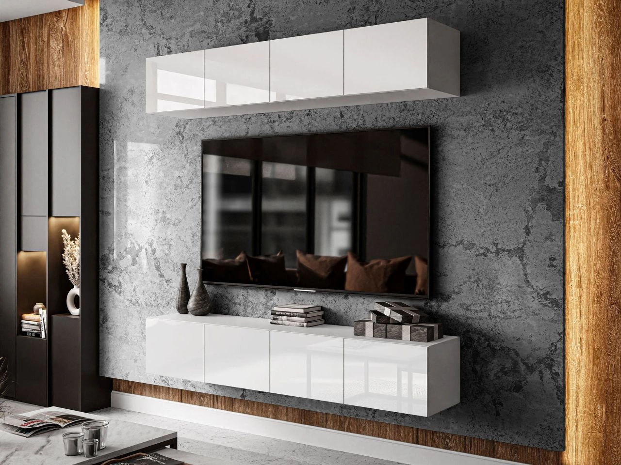 Wisząca meblościanka do salonu Nodoo Biały połysk