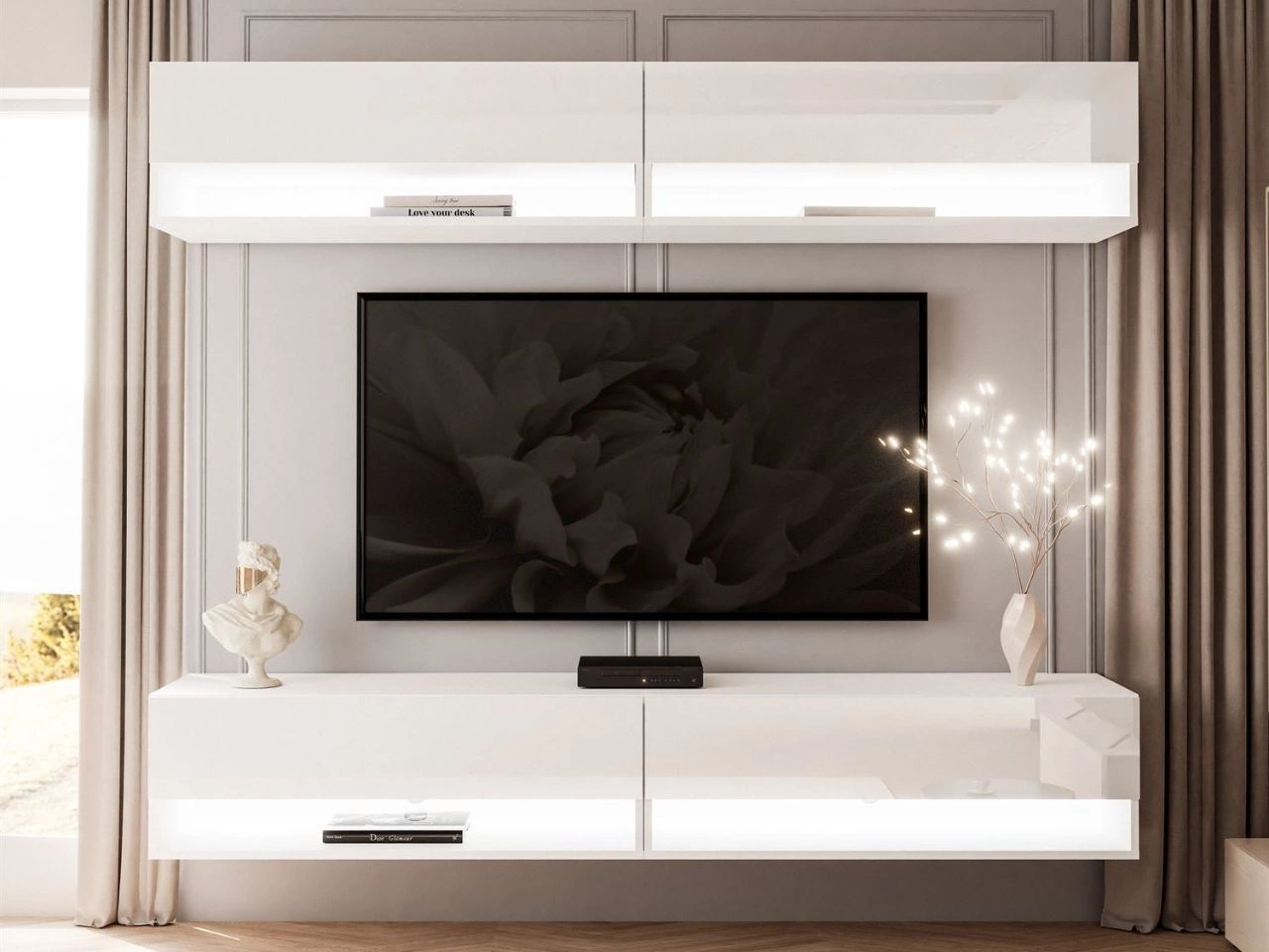 Meblościanka wisząca z oświetleniem LED Aurelie Biały połysk