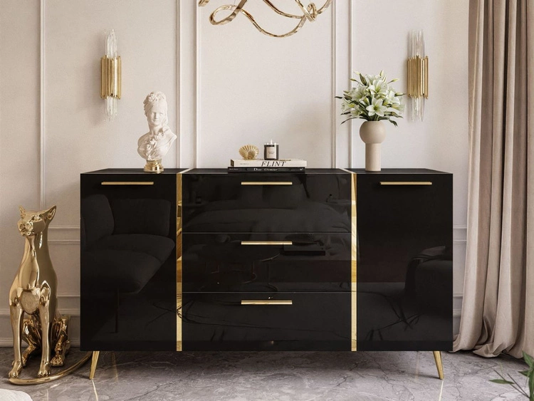 Dwudrzwiowa komoda 158 cm z trzema szufladami i złotymi uchwytami Lunelie czarny połysk