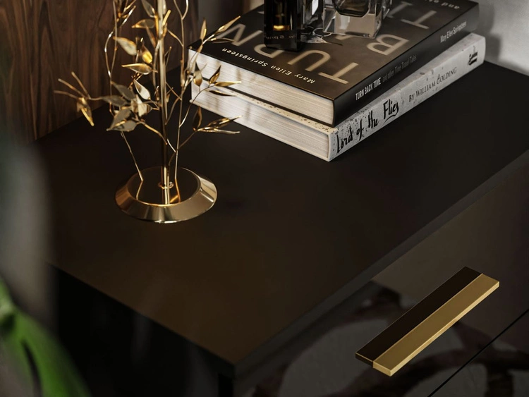 Stolik nocny z szufladami na czarno-złotych nogach Nuveo Czarny połysk