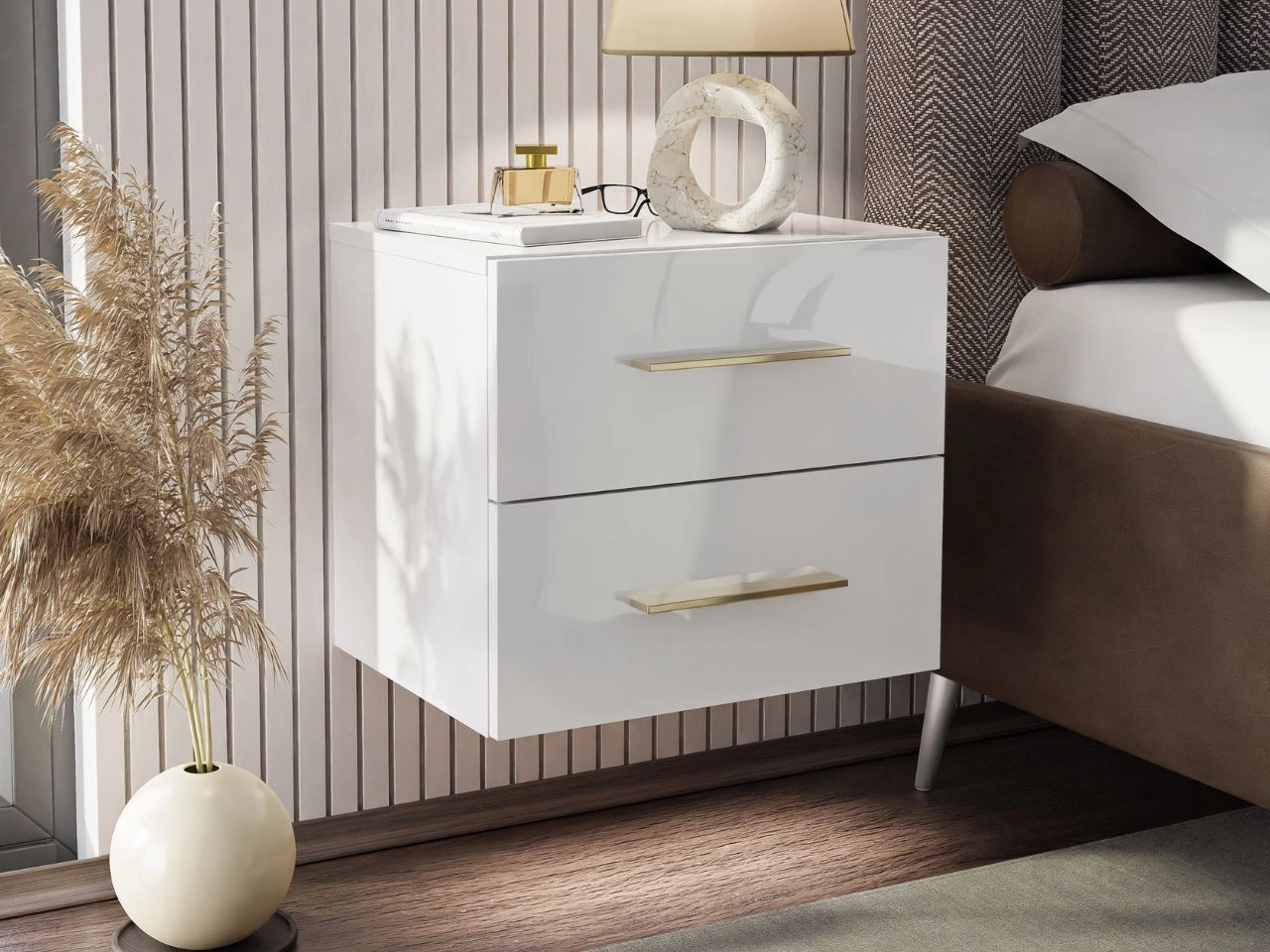 Podwieszany stolik nocny z dwoma szufladami Nuveo Lux Biały połysk
