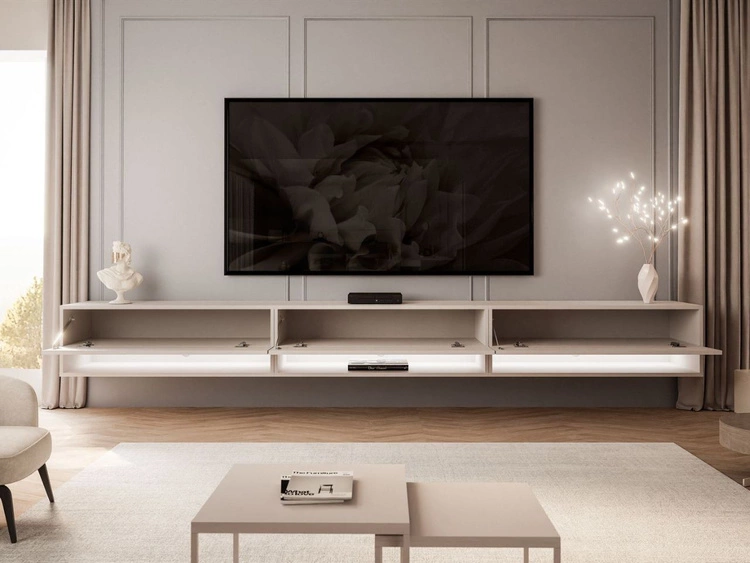 Szafka RTV wisząca 270 cm do salonu z oświetleniem LED Aurelie Kaszmir połysk