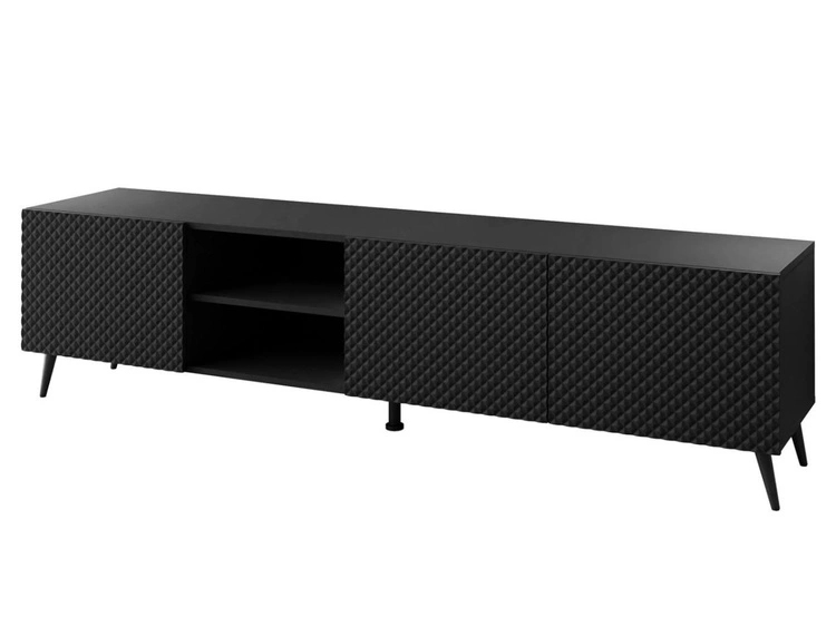 Szafka RTV z metalowymi czarnymi nóżkami i frezowanymi frontami 3D Celiane czarny mat