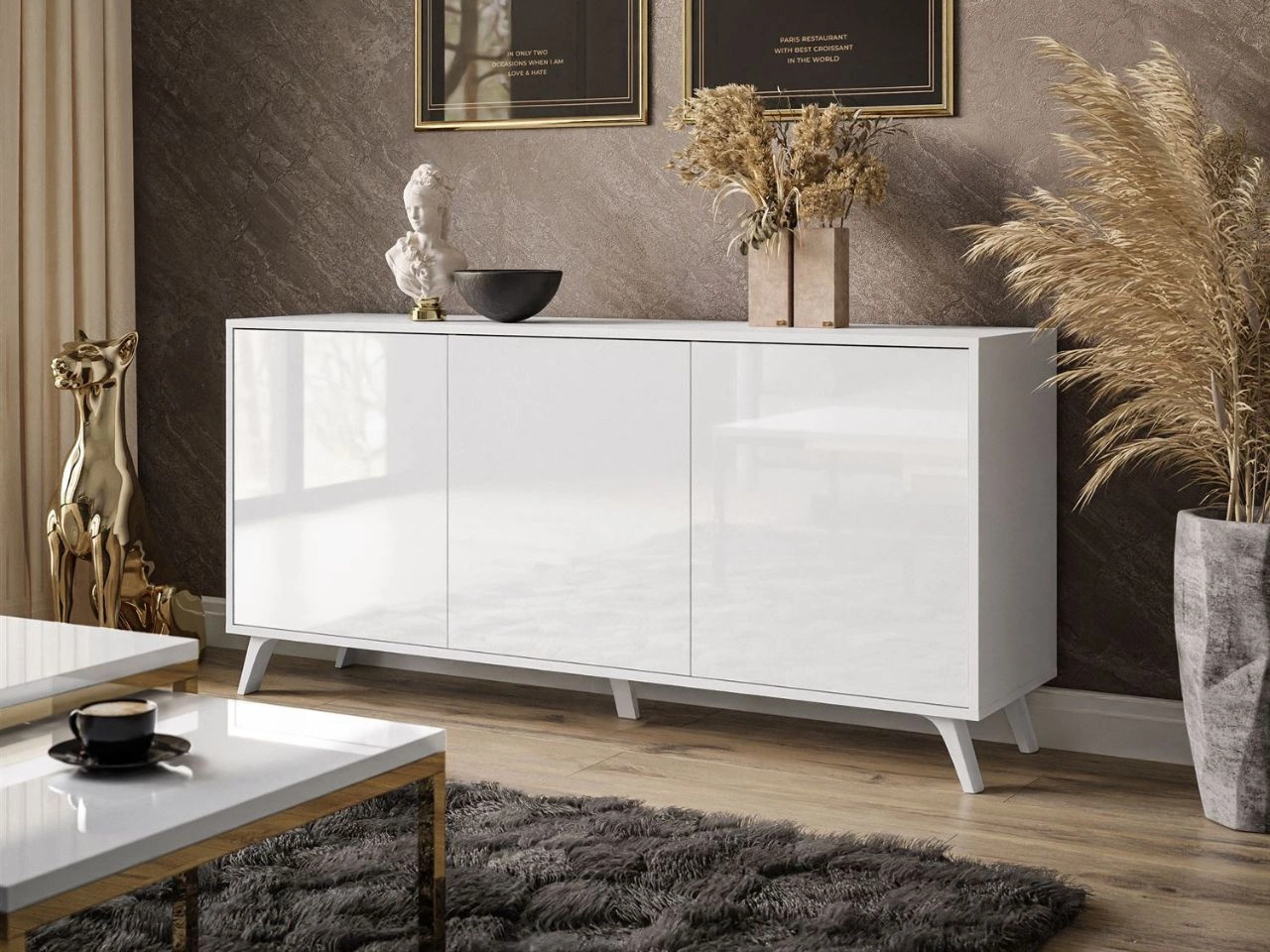 Trzydrzwiowa komoda 154 cm w stylu glamour na białych nogach Vivance biały połysk