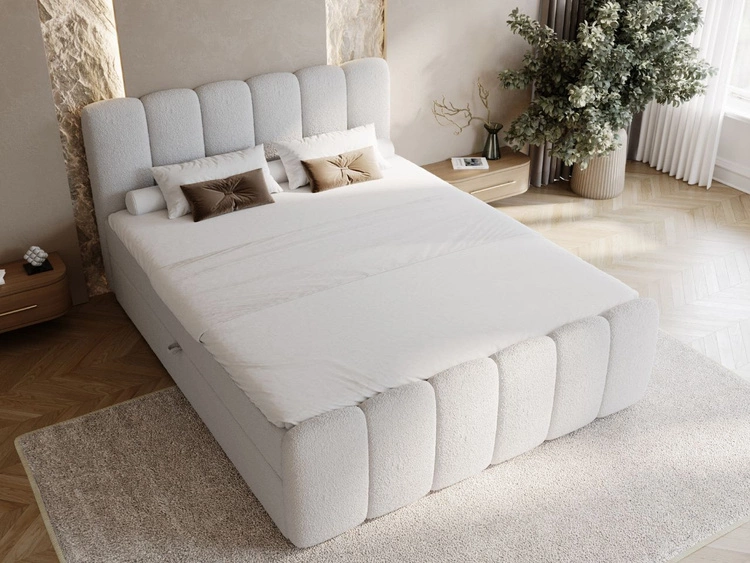 Łóżko kontynentalne z pojemnikiem na pościel 160x200 w tkaninie bouclé Cloud Szare