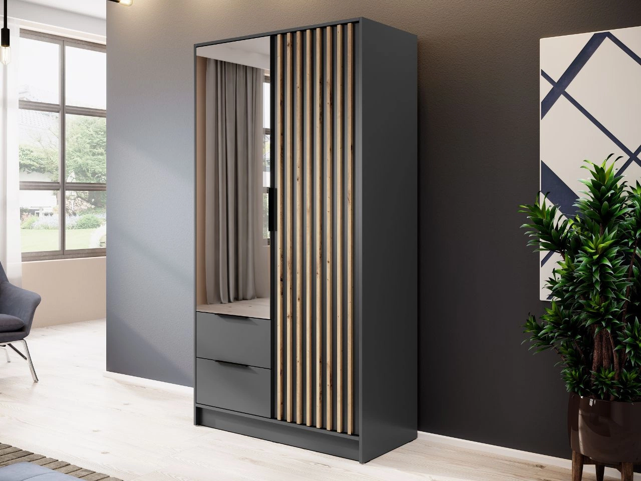 Szafa dwudrzwiowa z drzwiami uchylnymi 105 cm Macron Grafitowa z lustrem i lamelami