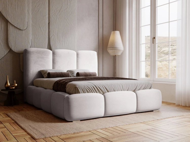 Łóżko tapicerowane z pojemnikiem i stelażem 200x200 cm Bubble Jasnoszare