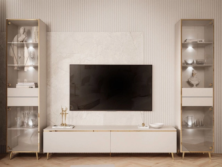 Zestaw mebli do salonu z dwiema witrynami i oświetleniem LED w stylu glamour Evare Kaszmir